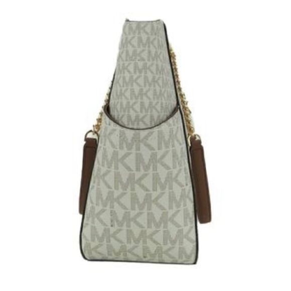 Michael Kors NWT Large Jet Set Travel Tote Handbag Signature Vanilla Gold Chain - Picture 5 of 12